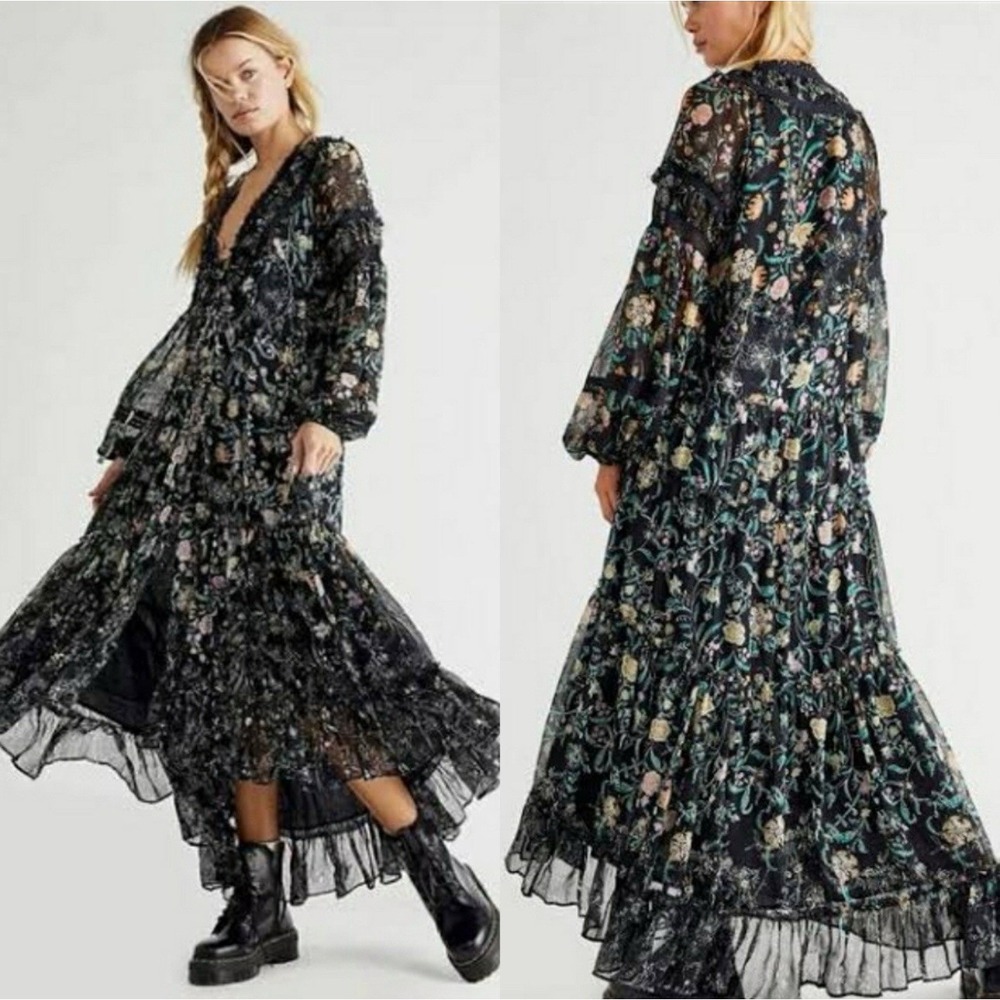 Free People Cassis Printed Chiffon Maxi Dress‎ Floral Print Black Sz XS Boho